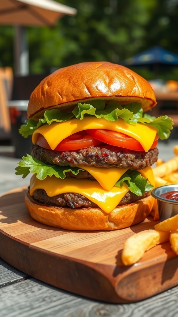 A classic cheeseburger with beef patty, cheese, lettuce, and tomato on a wooden board with fries.